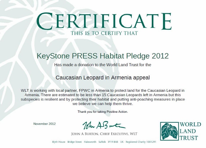 World Land Trust donation certificate 2011/12